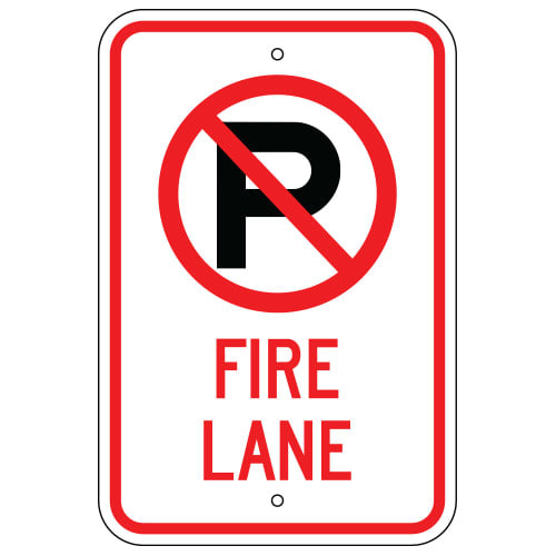 A vertical rectangle-shaped parking sign with a white background and black and red text that reads 'NO PARKING FIRE LANE' with a no parking symbol above the text.