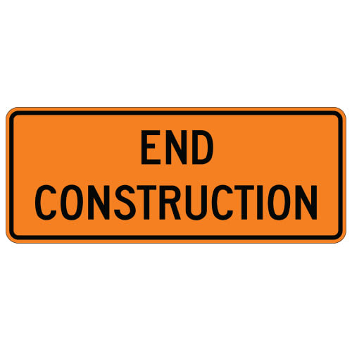 This safety sign is designed for construction sites. In accordance with U.S. traffic regulations, it meets the specifications of the Manual on Uniform Traffic Control Devices (MUTCD). It is an essential tool for keeping workers and passersby safe.  Show your workers and passersby when a construction project is finished with this End Construction Sign. Its bright colors are easy to notice, letting everyone know the project is complete. An essential tool for any construction site.