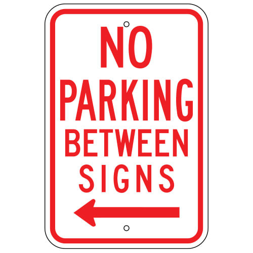 No Parking Between Signs, with Left Arrow